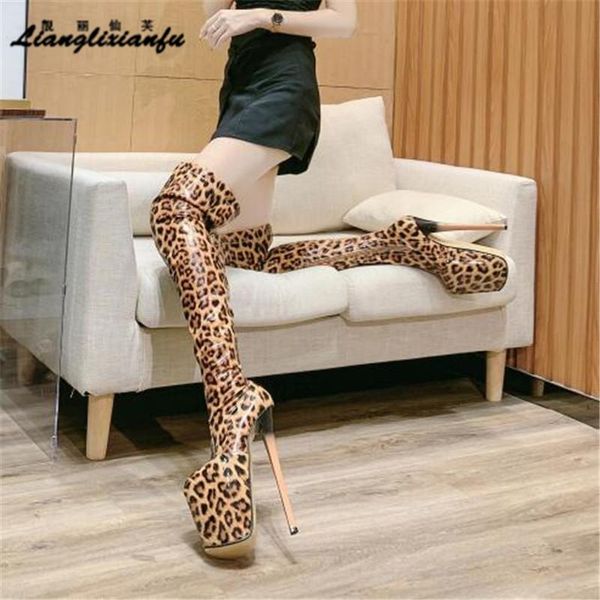 

boots llxf shoes woman over-the-knee 19cm stiletto 22cm thin high heels leopard print all match female pumps long botas de mujer, Black