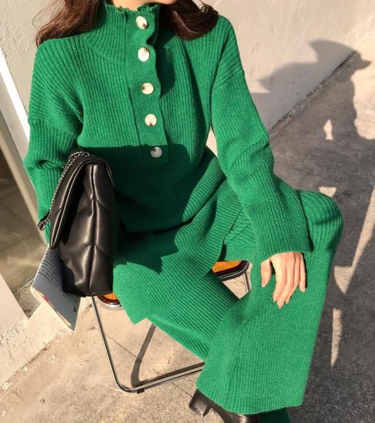 

women's two piece pants autumn winter turtleneck tracksuit women thick warm bottons side split pullover sweater + wide leg set suit, White