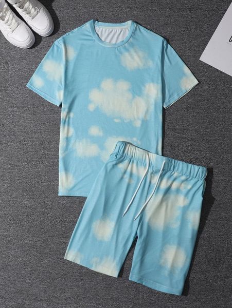 

men random print tee & drawstring shorts 16kg#, Gray