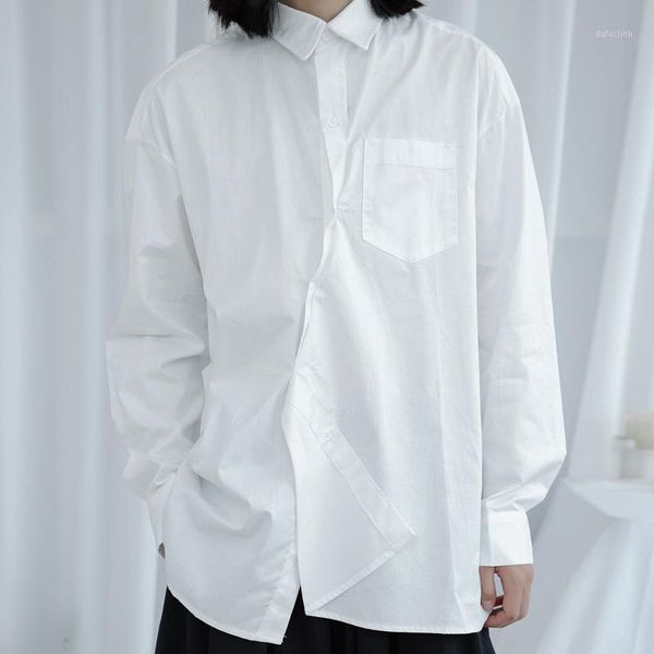 

men's casual shirts large size autumn abstinence department irregular placket design loose long sleeve shirt fashion japanese solid col, White;black