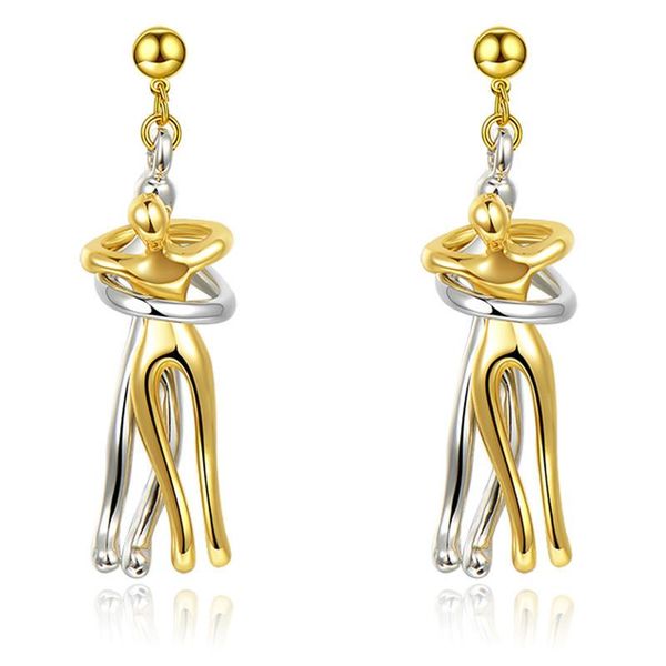 

hoop & huggie 1pairs exaggerated stereoscopic two people hugging metal vintage long drop earrings for women girls party jewelry, Golden;silver