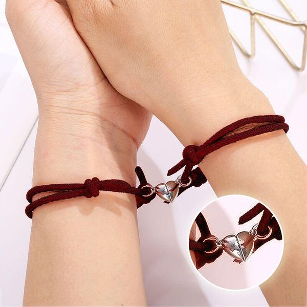 

link, chain 2pcs/set lovers heart couple magnetic distance bracelet minimalist matching friendship rope braided kit lover jewelry, Black
