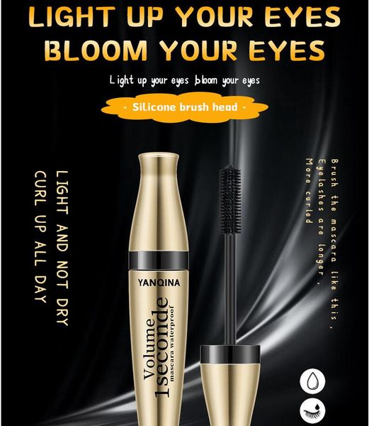 YANQINA Golden Tube Mascara allungante arricciatura lunga con testina in silicone flessibile e ingegnosa, 4D Stereo Black Cream Impermeabile a prova di sudore Occhi sexy