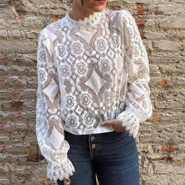 

lace blouse for women spring summer solid petal long sleeve stand collar ladies sheer female shirt white tunic woman women's blouses &