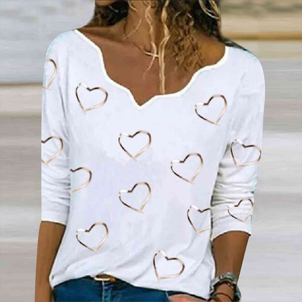 

40 hearts print asymmetrical women blouses neck pullover long sleeve spring elegant blusas, White