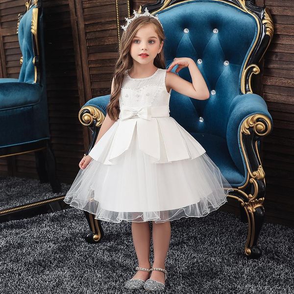 

girl kids ball gown sleeveless flower girl dresses wedding party lace bow catwalk costume, Red;yellow