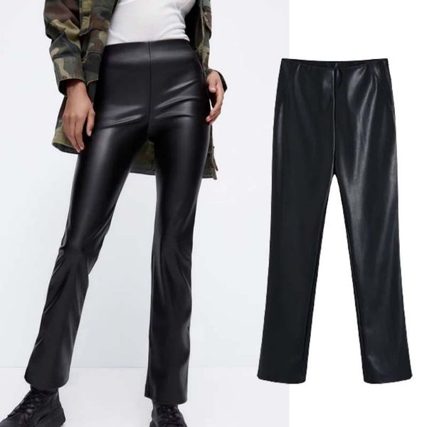 

women's pants & capris klkxmyt za for women 2021 fashion faux leather skinny pencil vintage high waist zipper female ankle trousers, Black;white