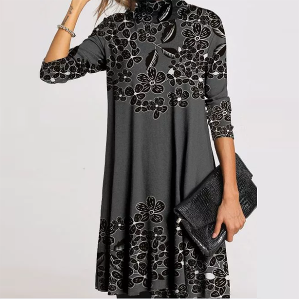 

2021women vintage turtleneck floral print dress 2021 autumn elegant long sleeve mini dresses ladies casual plus size dress vestidos, Black;gray