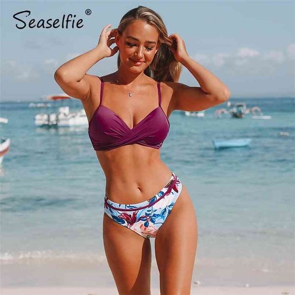 

seaselfie push up floral wrap bikini sets women thong two pieces swimsuits girl beach bathing suits swimwear 210630, White;black