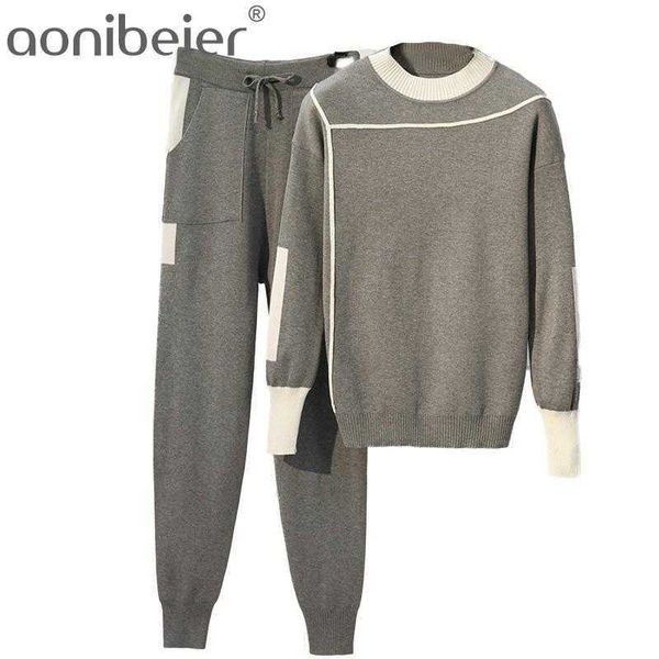 Primavera Mulheres Tracksuit Set Plus Size Knit Jumper + Calças elásticas Duas Calças Dois Parte Sets Sweater Suit 210604