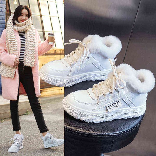 

plush wool cotton shoes women's 2021 winter fur integrated snow boots thickened warm small white casual board, Black