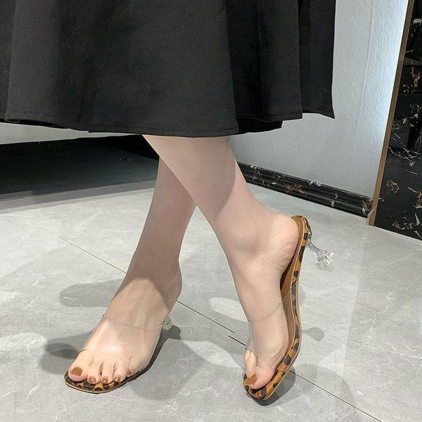 

sandals qicius leopard women summer 2021 fashion mid heel transparent flip flops shoes, Black