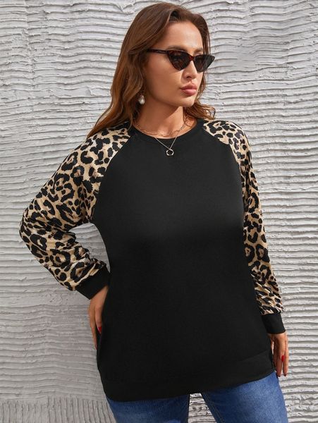 

plus leopard print raglan sleeve pullover v6ol#, Black