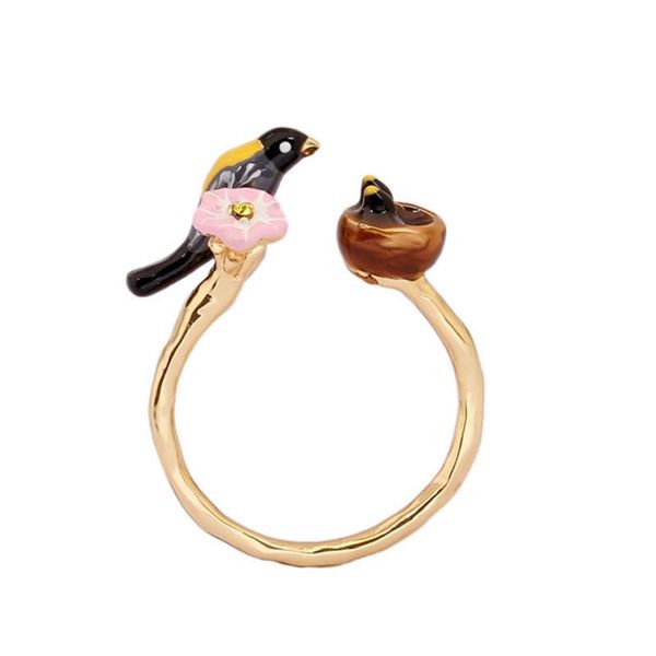 

cluster rings european and american fashion personality hand drawn enamel plated oriole bird opening adjustable ornament nest ring, Golden;silver