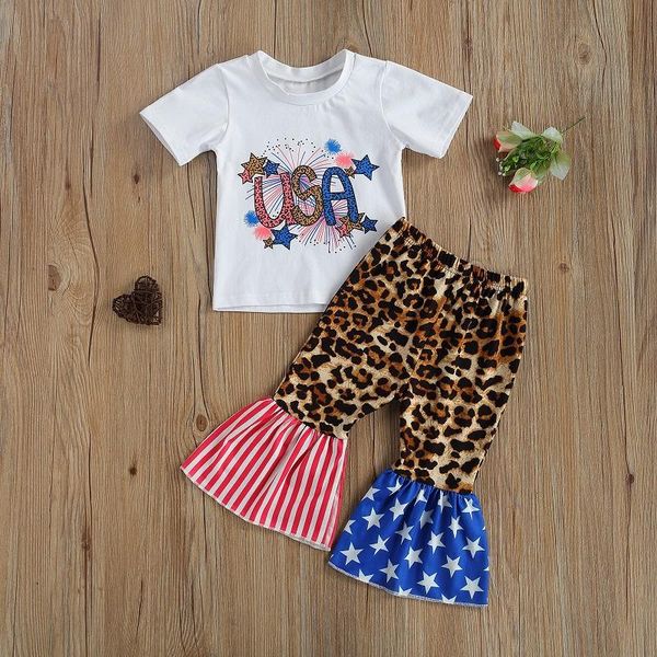 

0-3y kids baby girl independence day short sleeve cotton t-shirt leopard flared pant bell bottom 2pcs summer clothes set clothing sets, White