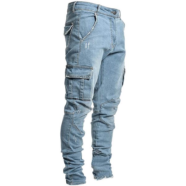 

men jeans slim fit denim pants side pockets skinny trousers, Blue