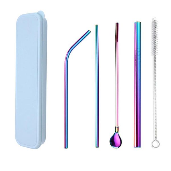 

drinking straws 4pcs reusable straw set metal colorful with cleaner brush bar party accessory-
