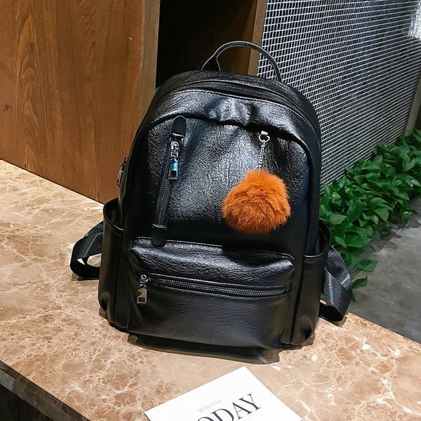

outdoor bags pu leather pure color fashion sports fur ball pendant backpack