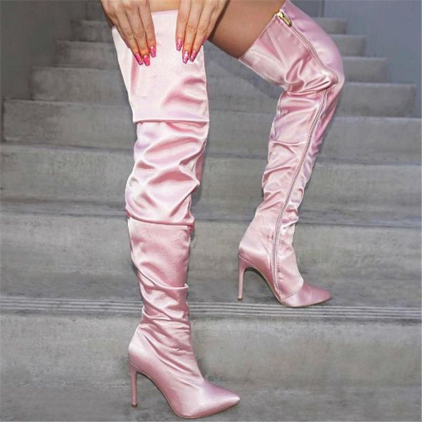 

party 2021 winter shoes women pink slouchy thigh high heels boots fashion stretch female over the knee woman plus size 43, Black