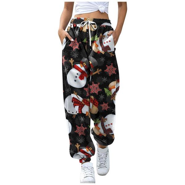 

women's pants & capris women christmas print bottom sweatpants pockets high waist sporty gym athletic fit jogger lounge trousers, Black;white