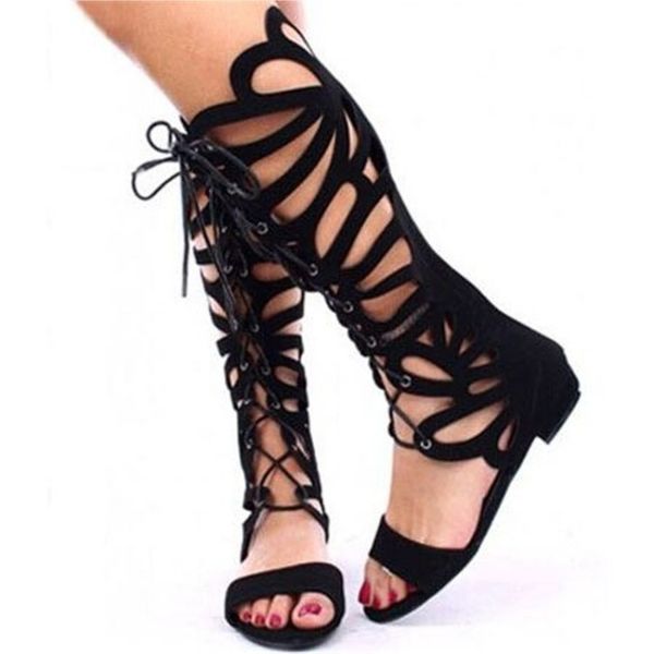 

handmade ladies block heels classic sandals butterfly style open-toe faux kid-suede leather evening party prom black fashion summer shoes d5