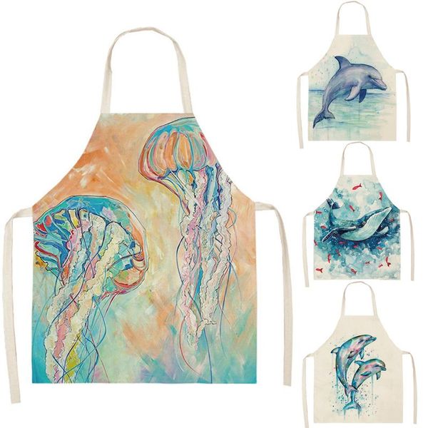 

aprons 1 pcs ocean animal whale jellyfish pattern cleaning home cooking kitchen apron cook wear cotton linen bibs 66x47cm