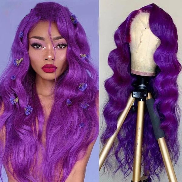 

synthetic wigs body wave purple pink color lace frontal wig with baby hair 26 inch long heat resistant preplucked cosplay dray queen, Black