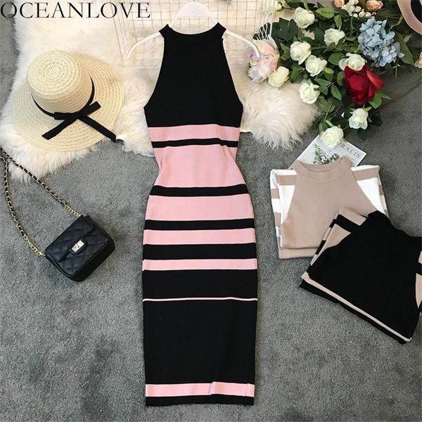 

casual dresses oceanlove bodycon dress knitting elastic summer 2021 halter striped robe femme slim sleeveless vintage vestidos 11761, Black;gray