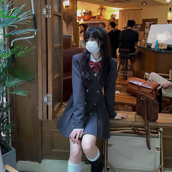 

school flower hosts 2021 autumn and winter college style suit dr's long sleeve pleated skirt children's wear, Black;gray