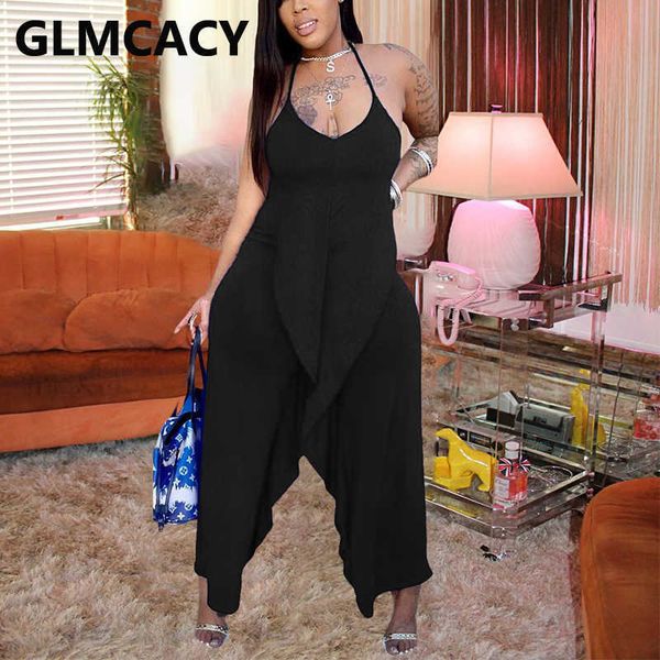 

halter backless ruffles solid jumpsuit casual summer overalls 210702, Black;white