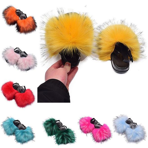 

slipper girls fluffy slippers cute baby plush home shoes children' fur slides kids raccoon flip flops furry sandalsx104, Black;grey
