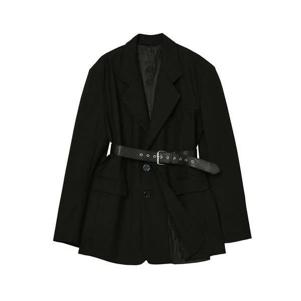 

black blazer coat women fashion solid color lapel with belt casual temperament qversize female outerwear jacket chic 210417, White;black