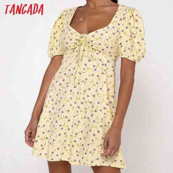 

summer women yellow flowers print pleated square neck short sleeve ladies mini dress 8m2 210416, Black;gray
