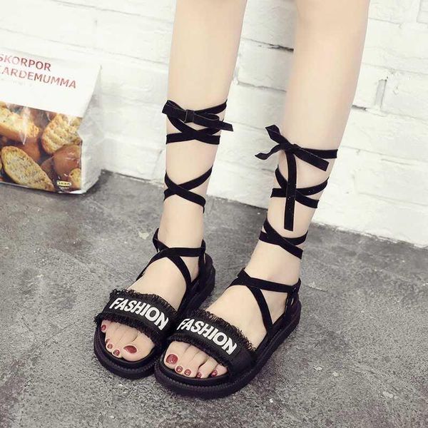 

sandals summer shoes solid color women lace up flat platform sandal fashion casual female sandalia mujer, Black