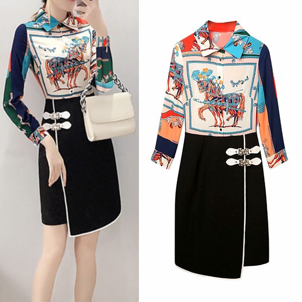 

spring autumn dress long sleeve dresses women elegant vintage printed patchwork party dress buttons vestidos ns228, Black;gray