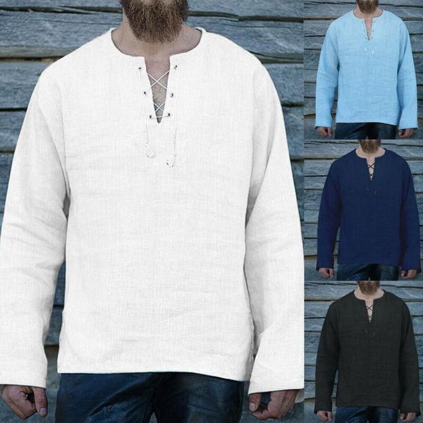 

men's t-shirts ,autumn men retro soid baggy cotton linen long sleeve v neck daily casual clothes, White;black