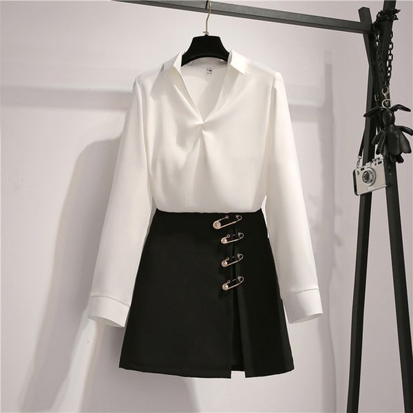 

skirts fashion two pieces women solid white blouse + gold pin split black mini skirt female elegant 2pcs clothing set