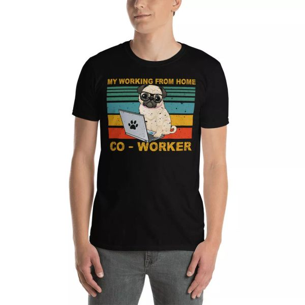 

Vintage Retro My Working From Home Co-Worker Funny Pug Beside Laptop Shirt, White;black