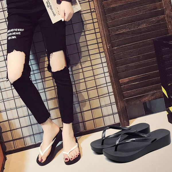 

slippers women's summer with heels 3-5 cm high fashion thick bottom non-slip clip foot splint beach flip-flops women size 36-41 cx, Black