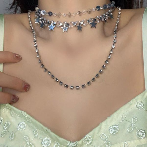

pendant necklaces y2k jewelry bead star for women metal vintage fashion cool 90s aesthetic shiny crystal necklace charms gifts wholesale 202, Silver