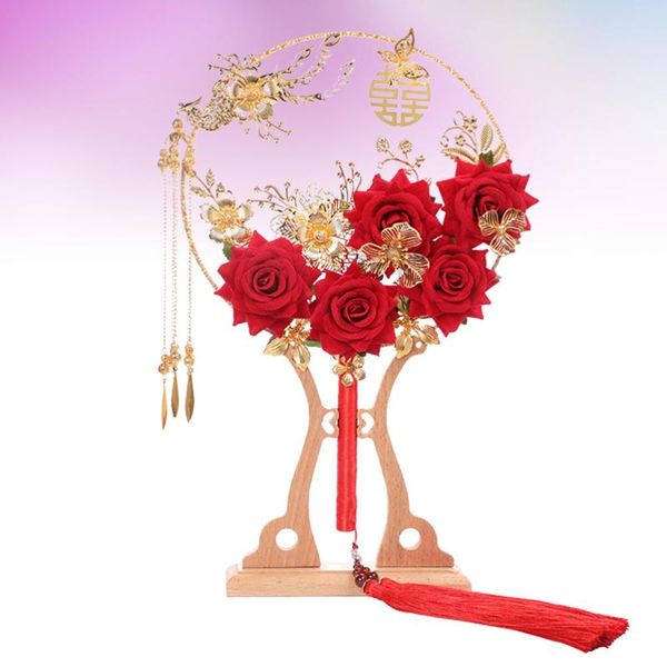 

delicate bridal hand fan retro chinese style wedding simulate rose luxurious alloy accessary gift box with party favor