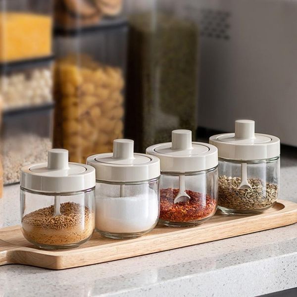 

spoons glass spice box spoon and lid integrated jar kitchen seasoning shaker bowl pepper salt sugar jars cruet organizer bottle