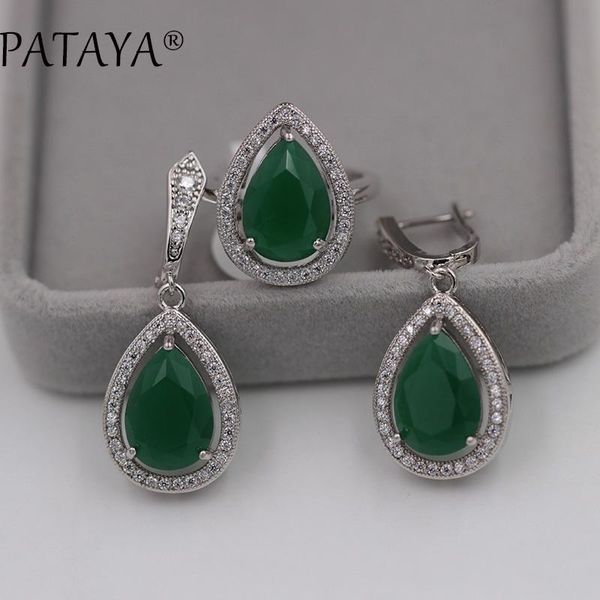 

earrings & necklace pataya true white gold jewelry sets green water drop natural zircon ring set women romantic wedding party, Silver