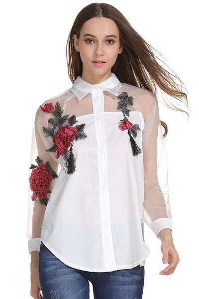 

women's blouses & shirts rose embroidered lace blouse women autumn blue black white fashion lady long sleeve tassel floral blusas femal
