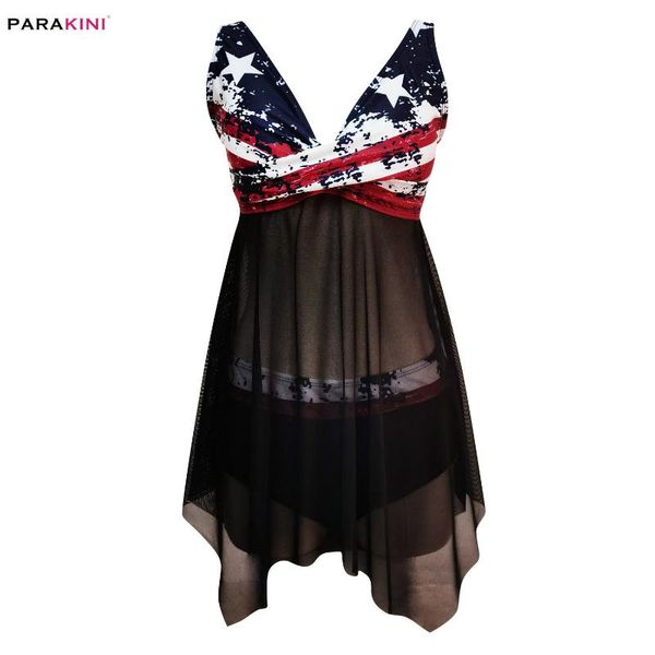 

plus size american flag mesh swimsuit women cross strap print swimdress &panty two piece swimwear two-piece suits