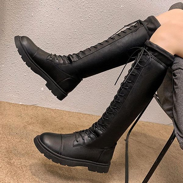 

boots warm plush 2021 female footwear fashion women comfort knee high long winter shoes ladies pu leather lace-up, Black