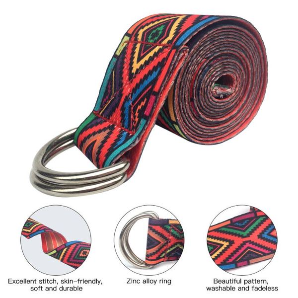 

6ft yoga stretching strap band printed cotton exercise adjustable fitness physical therapy flexibility metal ring resistance bands