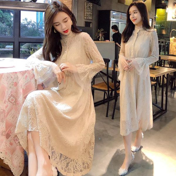 

casual dresses fashion sweet lace maxi flare long sleeve spring embroidery floral mid-calf for women, Black;gray
