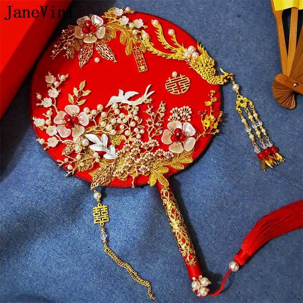 

wedding flowers janevini gold phoenix tassel traditional bridal fan red chinese style pearl beaded bride bouquet handmade
