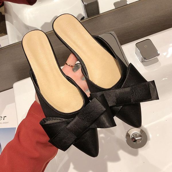 

slippers spring and summer women's shoes korean silk satin pointed bow tie baotou flat heel sets semi fgb67, Black